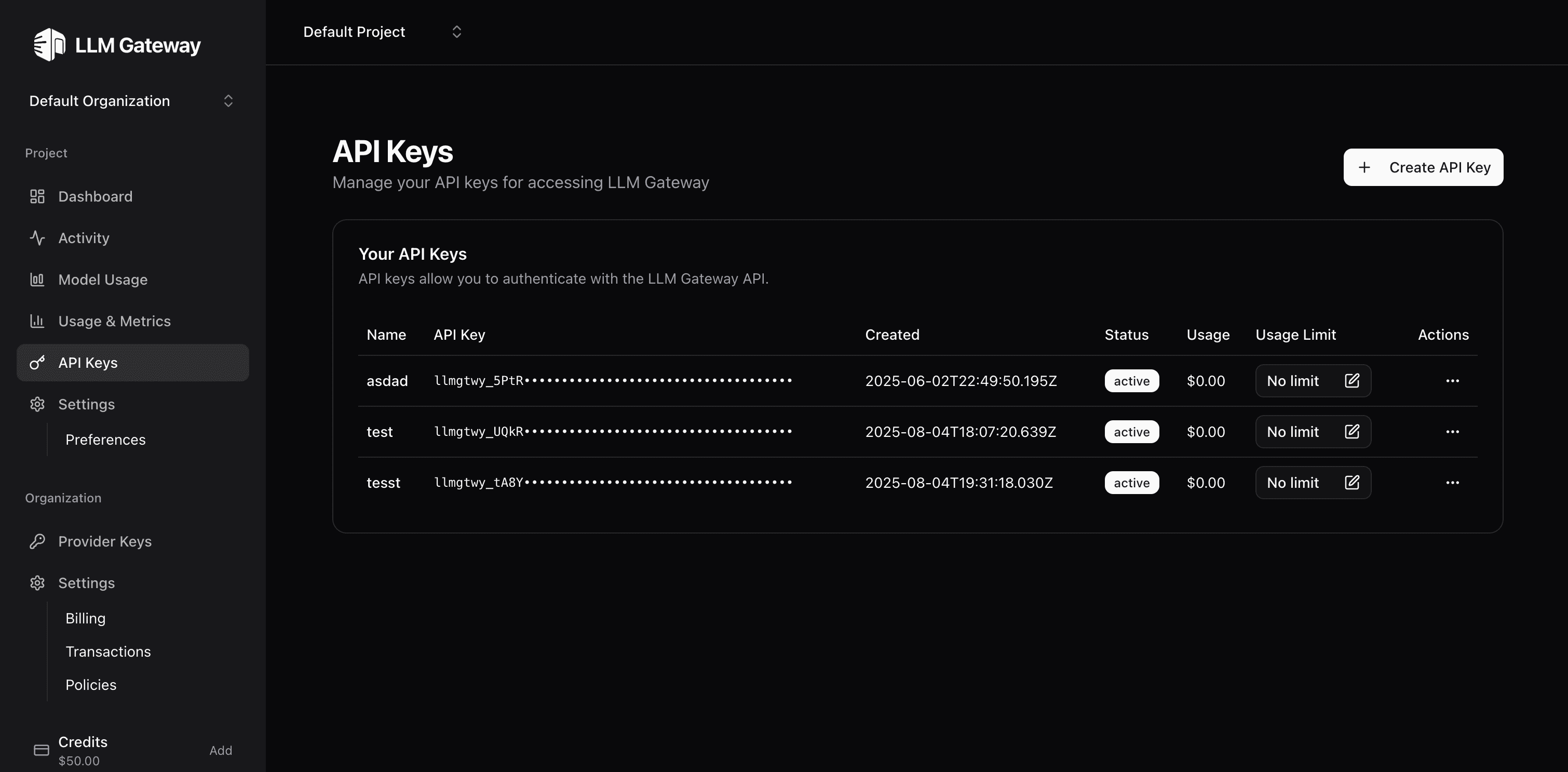 API keys dashboard